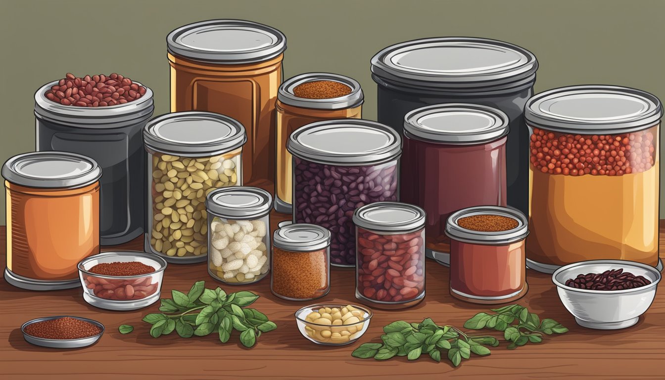 A variety of canned kidney beans, tomatoes, onions, and spices arranged on a kitchen counter for making chili