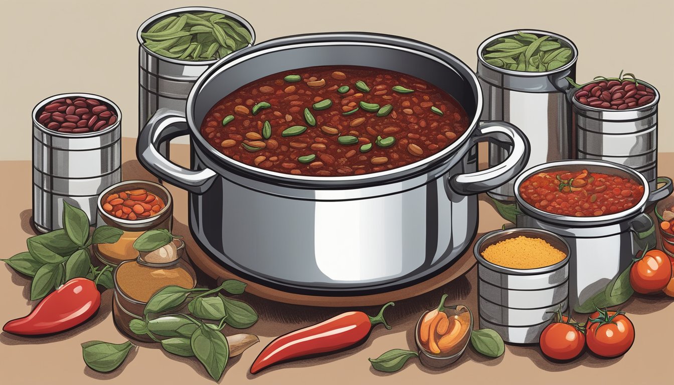 A steaming pot of chili surrounded by open cans of kidney beans, tomatoes, and spices