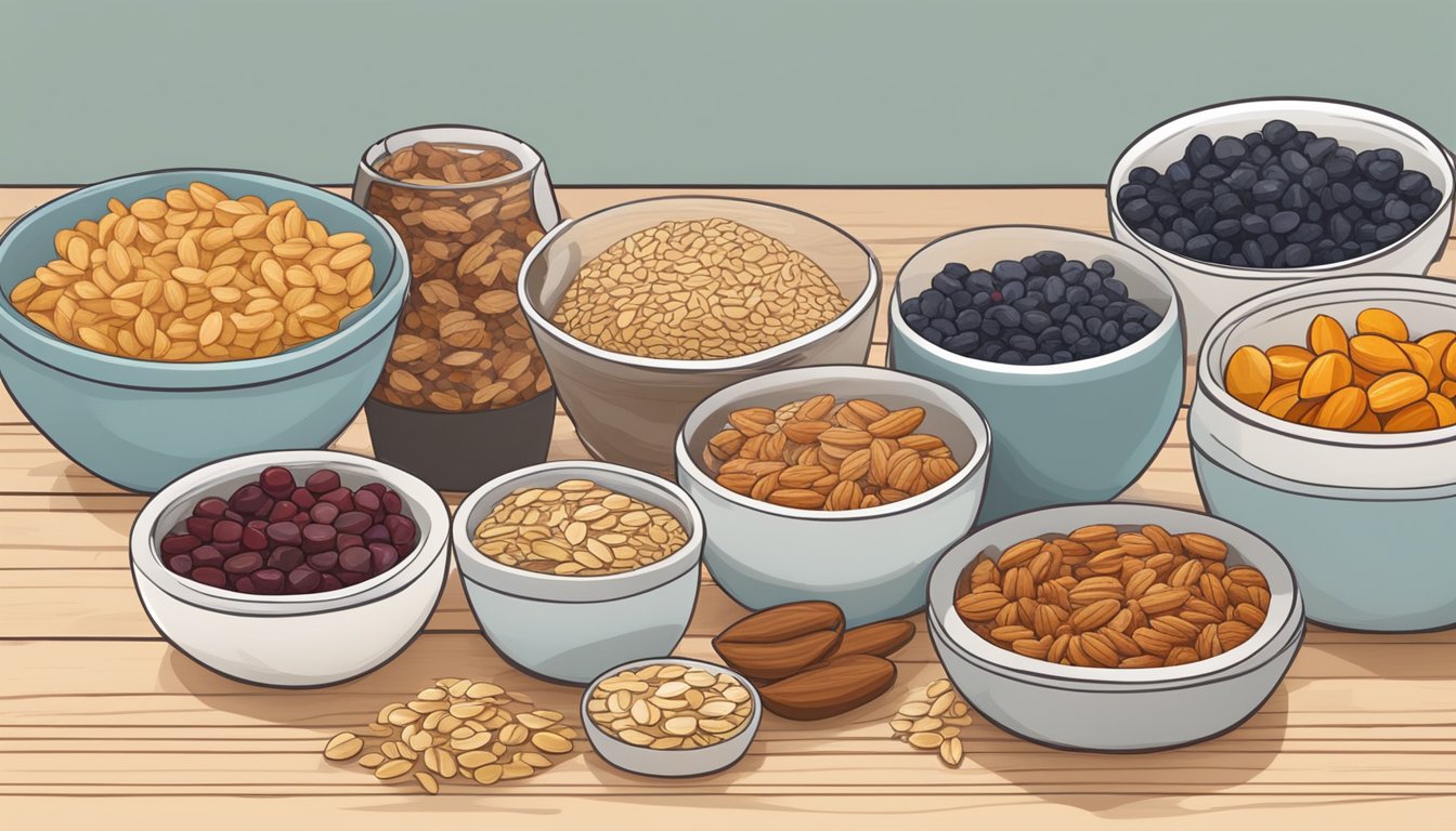 A variety of pantry staples such as oats, nuts, seeds, and dried fruit arranged on a wooden table, ready to be used in homemade granola bar recipes