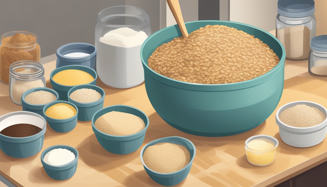 A mixing bowl filled with oatmeal cookie mix, surrounded by various storage containers and baking ingredients on a kitchen counter