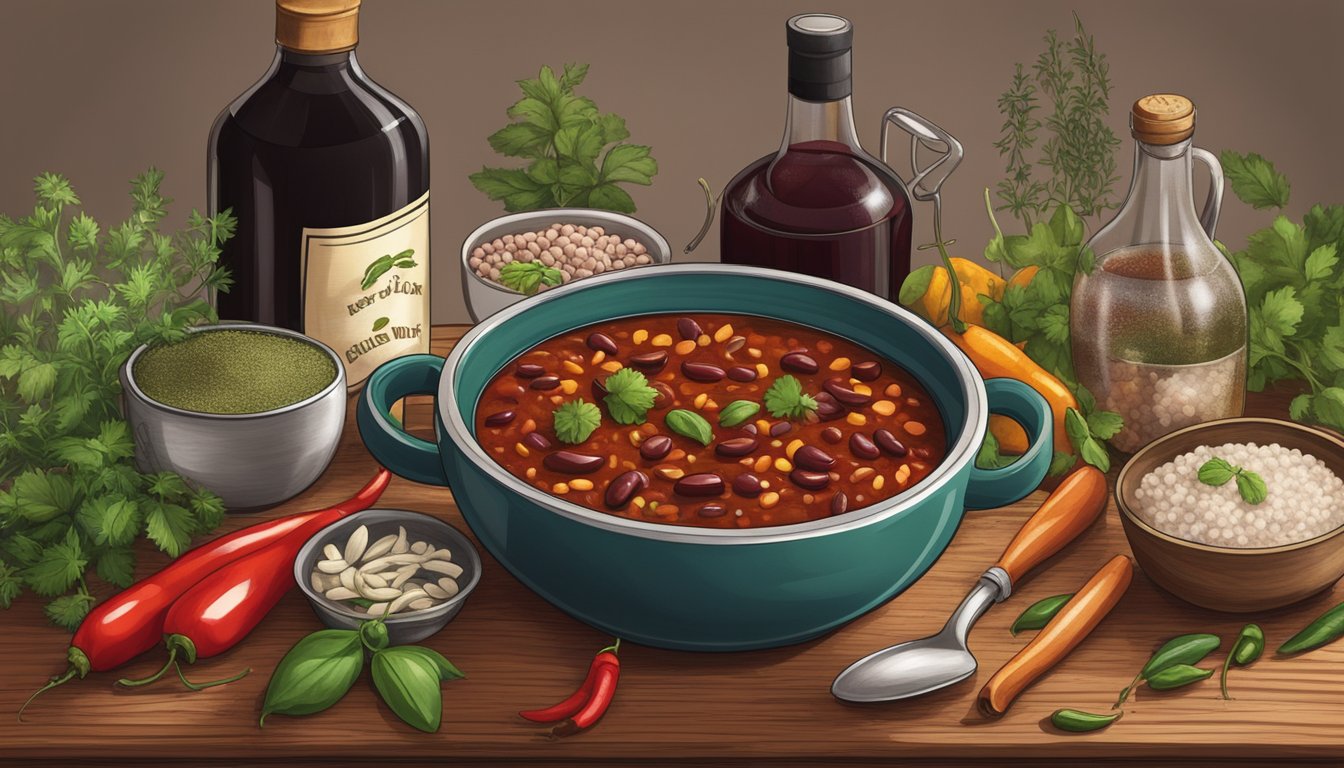 A rustic kitchen table with a steaming bowl of chili, a can of kidney beans, and a bottle of red wine, surrounded by fresh herbs and spices