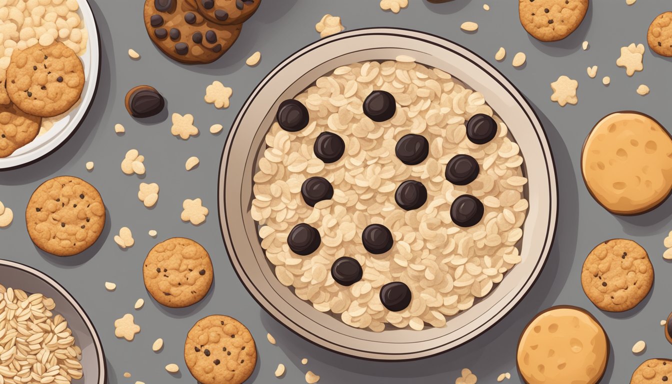 A bowl of instant oatmeal with various cookie mix-ins scattered around it