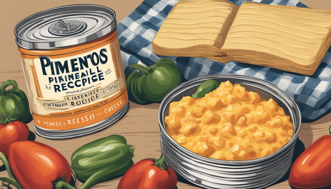 A vintage can of pimentos sits next to a recipe book, surrounded by ingredients like cheese, mayonnaise, and spices, evoking the history of Southern pimento cheese recipes