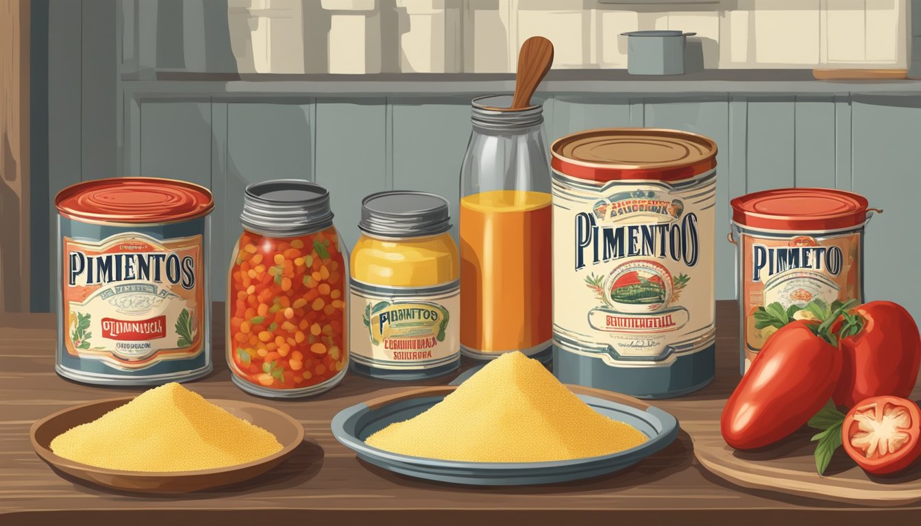 A vintage kitchen with open cans of pimentos, alongside ingredients like cornmeal and buttermilk, evoking a traditional Southern cooking scene