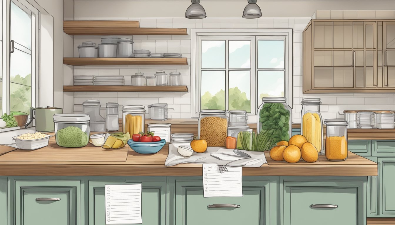 A kitchen counter with assorted ingredients and storage containers, surrounded by recipe cards and a handwritten note with baking and storage tips