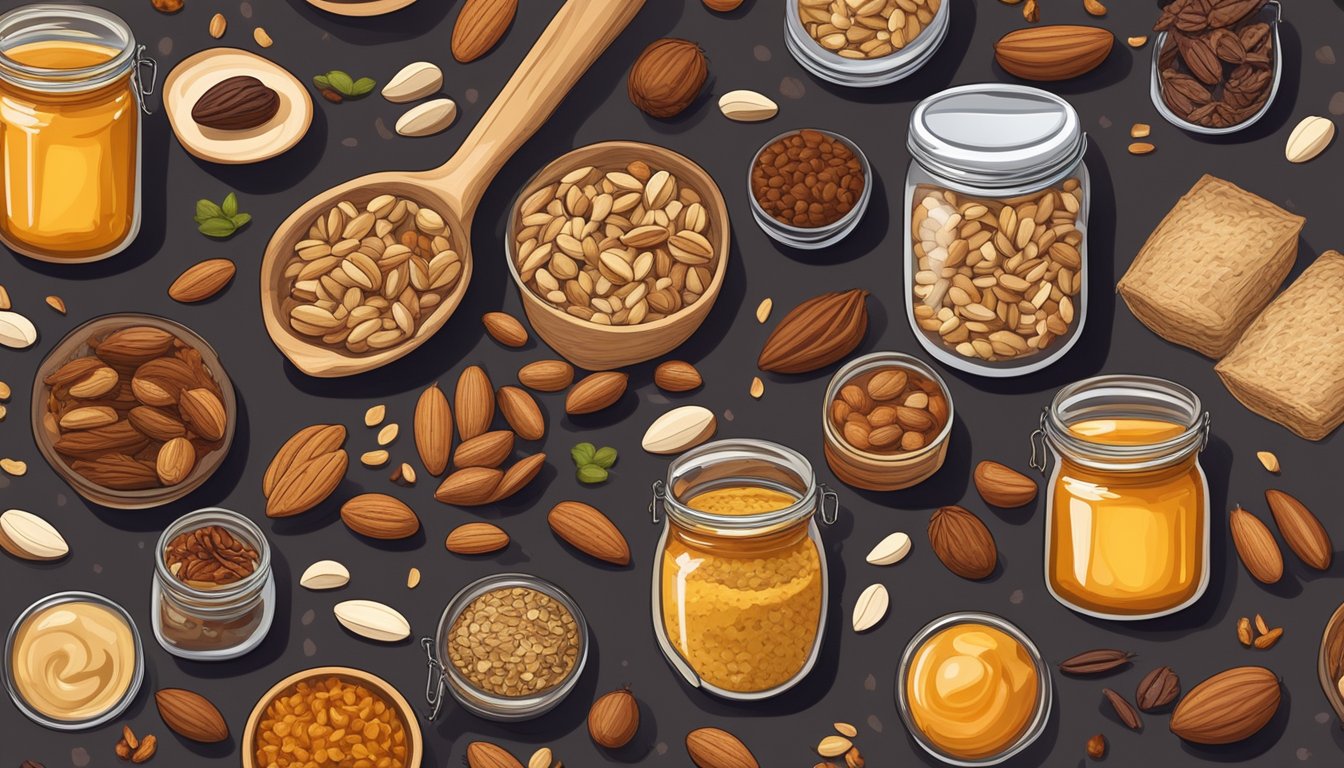 A colorful array of assorted nuts, seeds, oats, and dried fruits scattered on a rustic wooden table, surrounded by jars of honey, nut butter, and spices