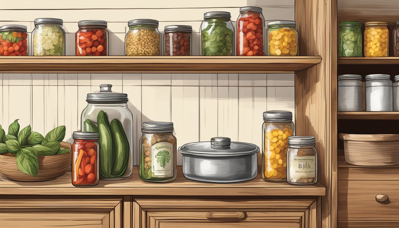 A rustic kitchen with shelves of canned goods, a vintage recipe book open to a page on pimento recipes, and a jar of pimentos on a wooden countertop