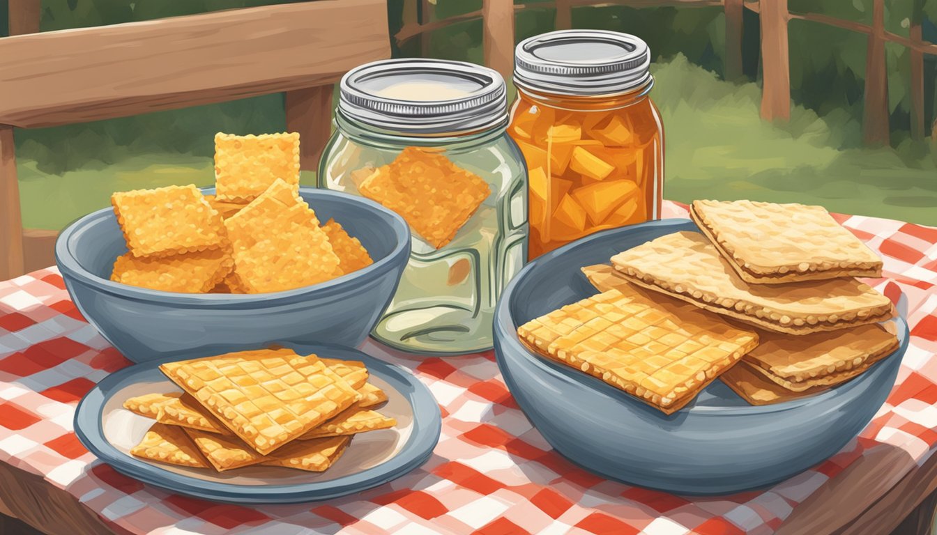 A picnic table set with a checkered tablecloth, a bowl of pimento cheese, and crackers, surrounded by mason jars filled with sweet tea