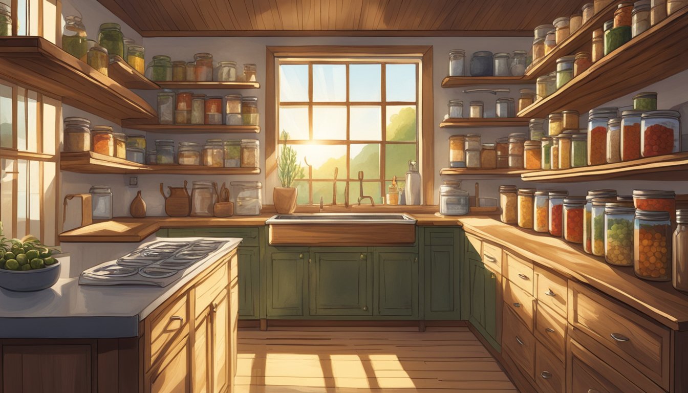 A rustic kitchen with open shelves filled with vintage canned goods, including jars of pimentos and handwritten recipe cards. Sunlight streams in through a window, casting a warm glow over the scene