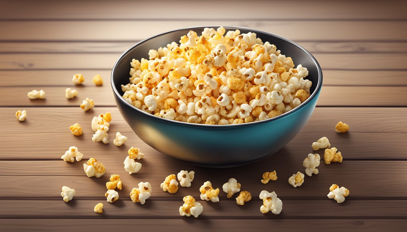 A bowl of freshly popped popcorn sits on a wooden table, surrounded by various seasoning blends such as cheesy, spicy, and savory flavors