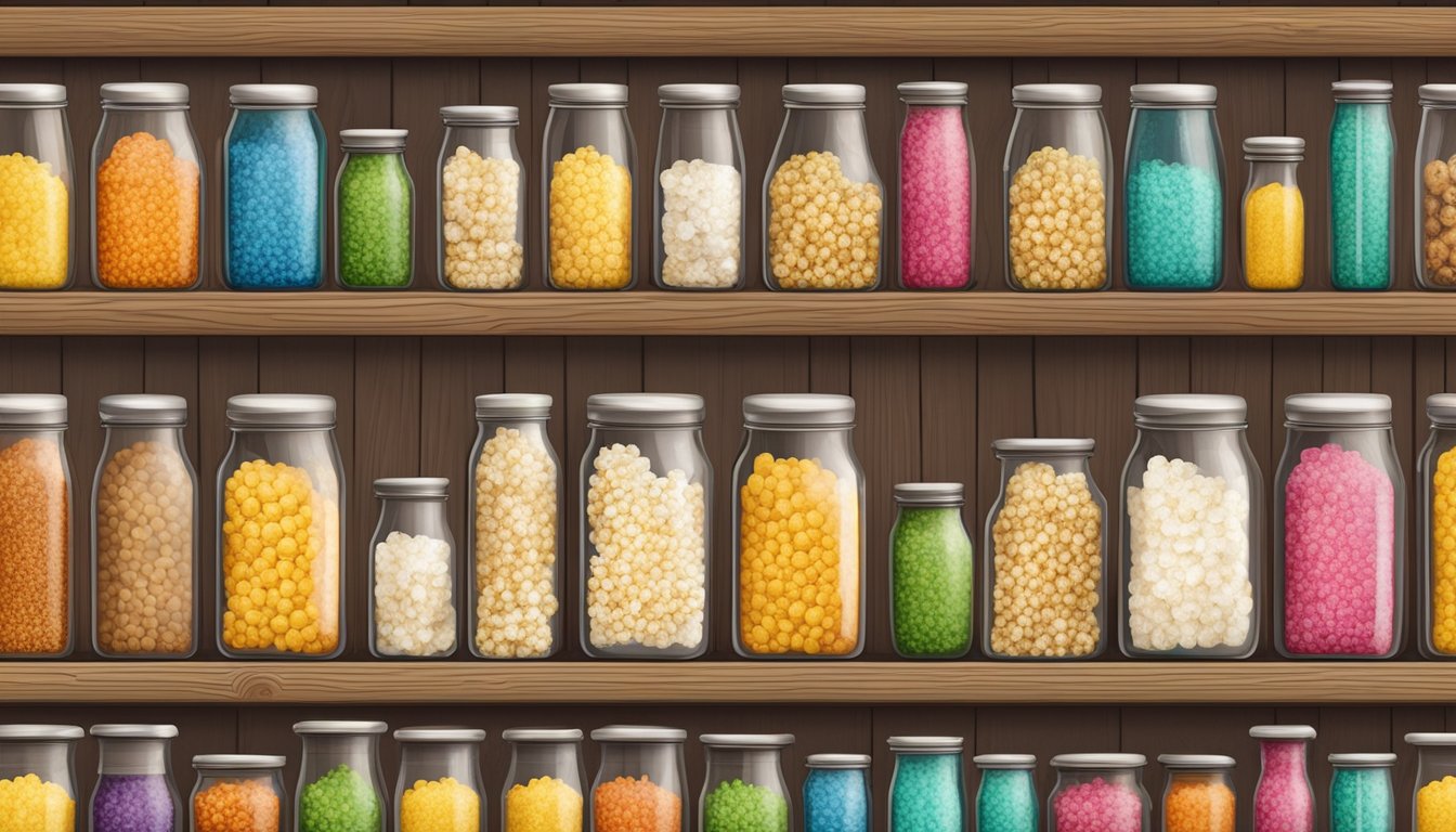 A variety of colorful jars and shakers filled with different popcorn seasonings arranged neatly on a wooden shelf