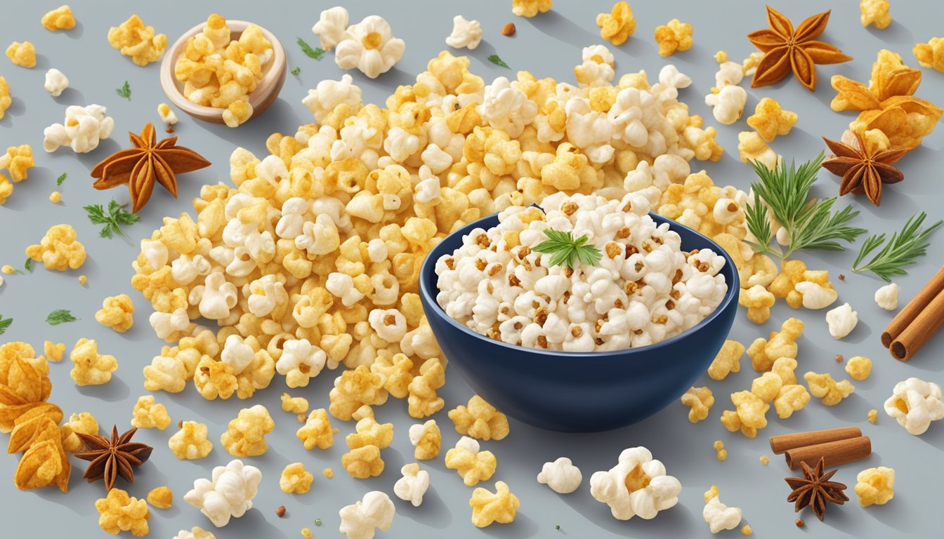 A variety of popcorn seasoning blends scattered around a bowl of freshly popped corn, with colorful spices and herbs