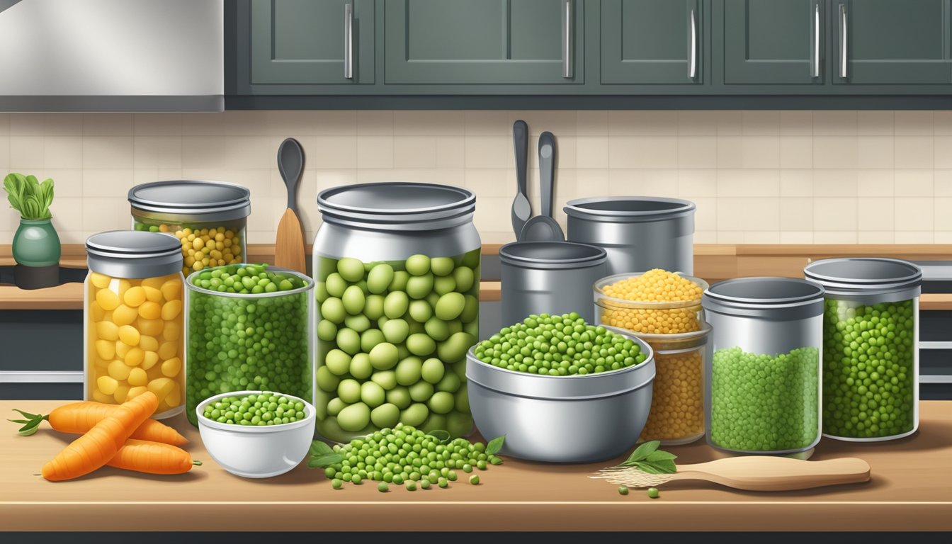 A kitchen counter with open cans of peas, various ingredients, and cooking utensils scattered around, ready to be used for creating canned pea recipes beyond soup