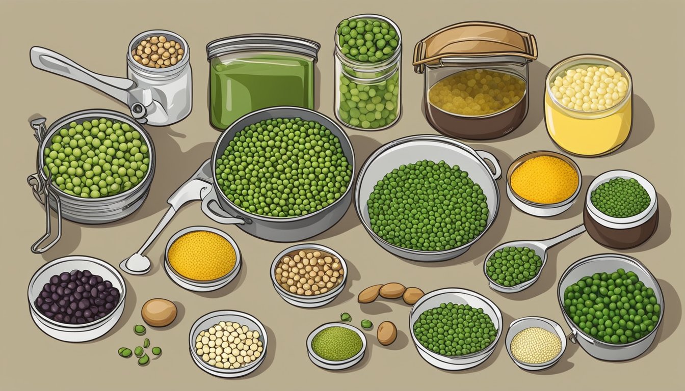 A kitchen counter with various canned peas, fresh ingredients, and cooking utensils laid out for preparing non-soup canned pea recipes