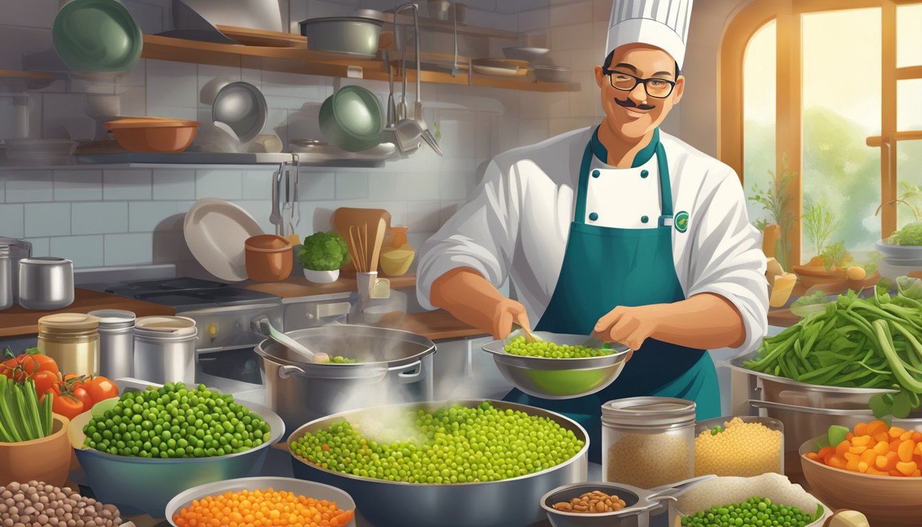 A chef in a bustling kitchen, mixing canned peas into a colorful stir-fry, surrounded by various ingredients and cooking utensils