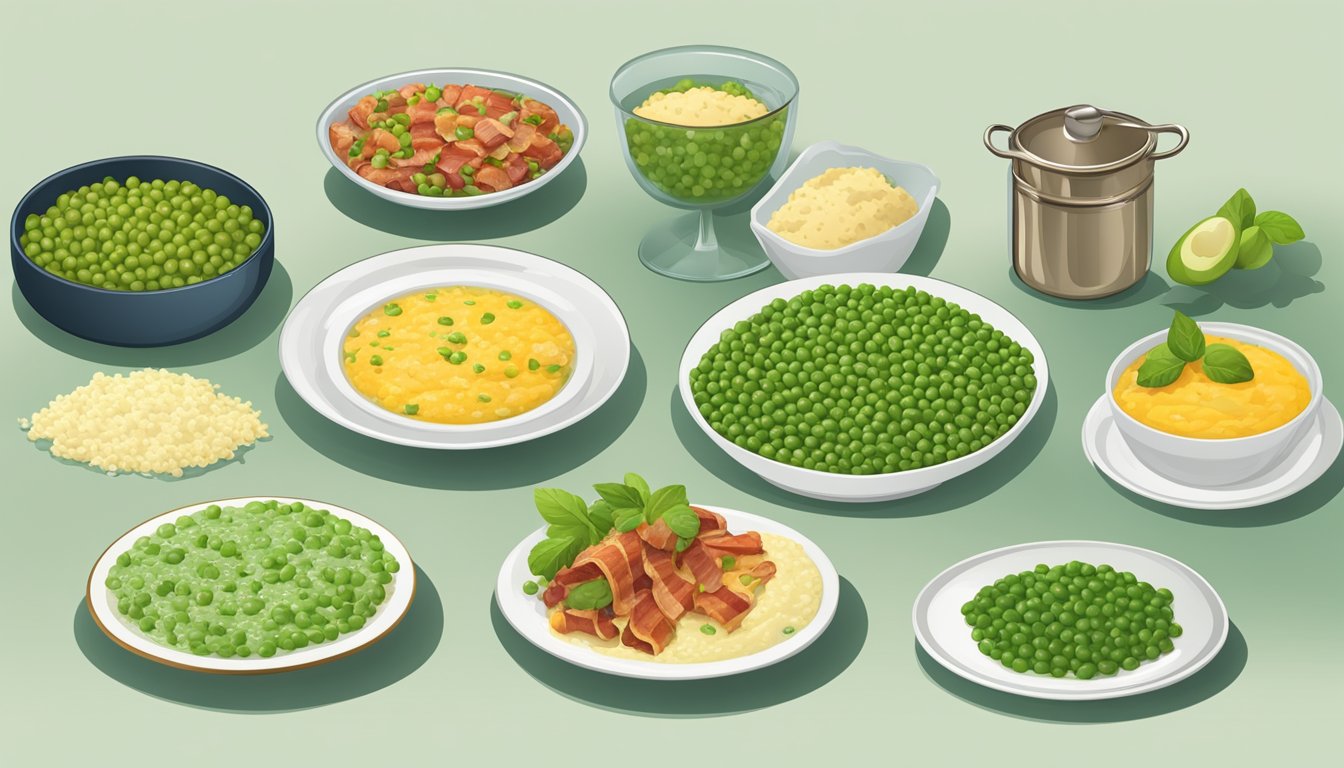 A table set with various canned peas dishes, including a pea and cheese casserole, pea and bacon salad, and pea and mint risotto