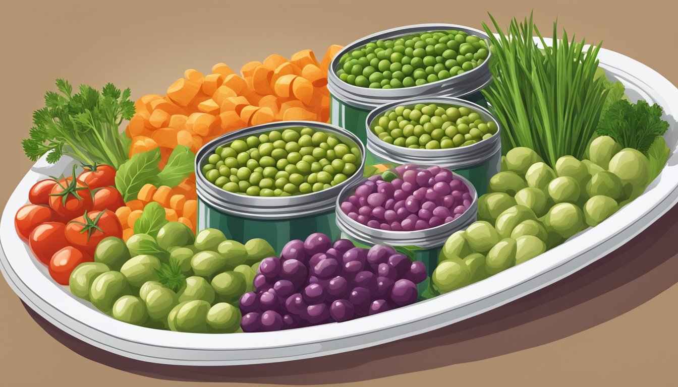 A colorful array of canned peas mixed with fresh vegetables and herbs, arranged on a modern serving platter