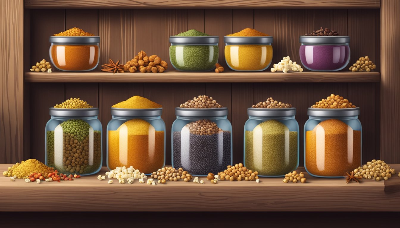 A variety of colorful spice jars arranged on a wooden shelf, with popcorn kernels spilling out of a bowl onto a rustic table