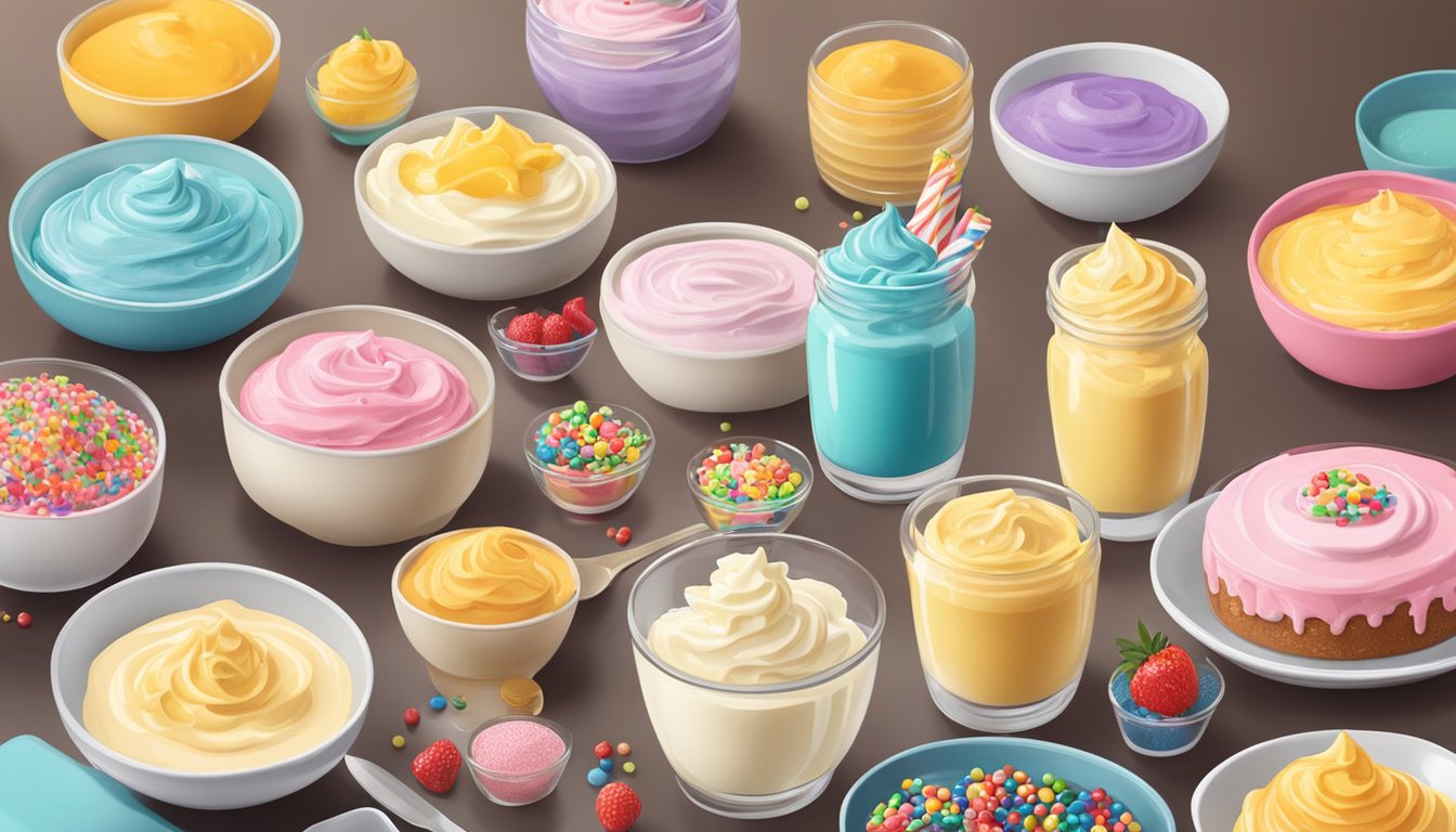 A table with various flavored instant pudding mixes, surrounded by bowls of frosting and ingredients like fruit and sprinkles for decoration