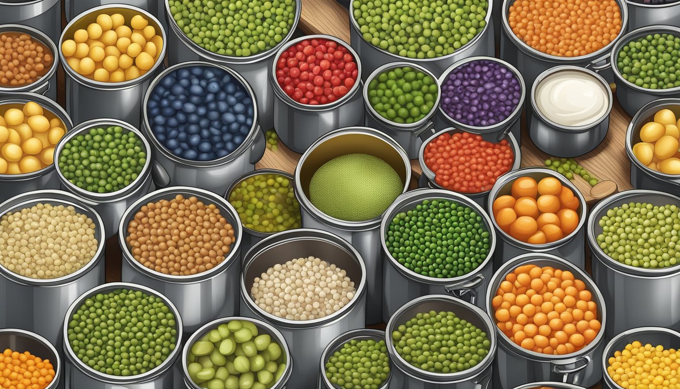 A variety of colorful canned peas and slow cooker ingredients arranged on a kitchen counter