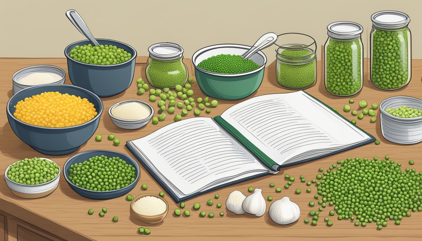 A kitchen counter with open cans of peas, a mixing bowl, and a recipe book. Ingredients and utensils scattered around