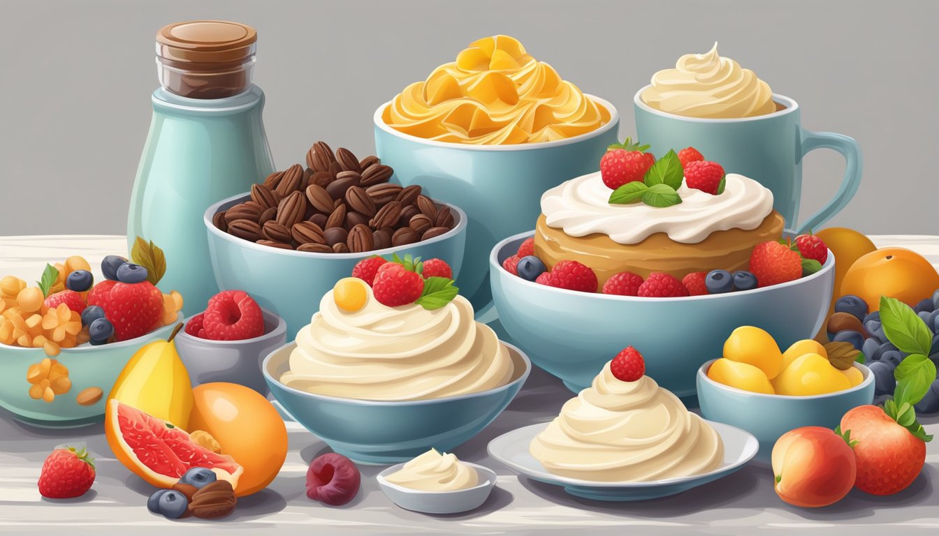 A table set with various flavors of instant pudding mix and frosting, surrounded by fresh fruits and nuts for pairing