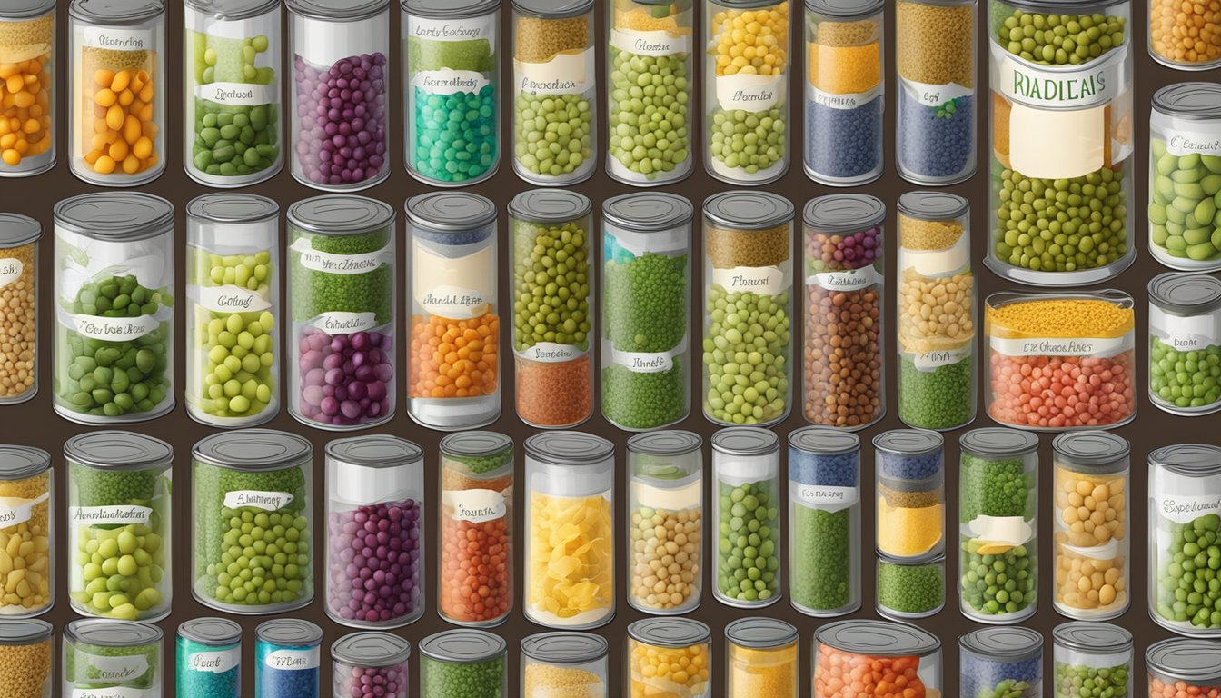 A variety of colorful canned peas surrounded by an assortment of spices and herbs, with labels showcasing different flavor profiles