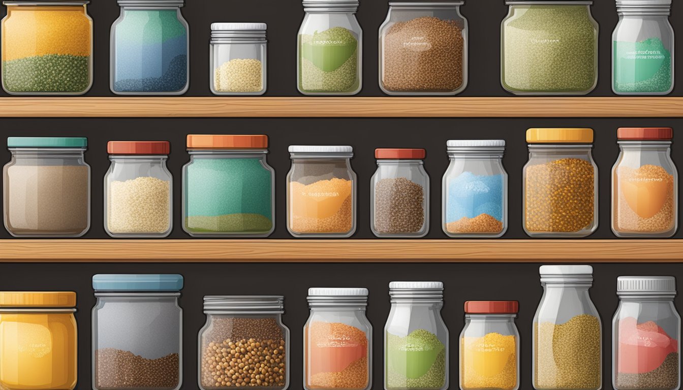 A variety of colorful seasoning blends arranged on a shelf with jars and containers for serving and storage