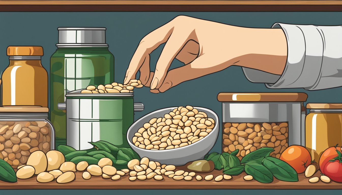 A hand reaching for a can of cannellini beans on a pantry shelf, surrounded by various Italian ingredients and cooking utensils