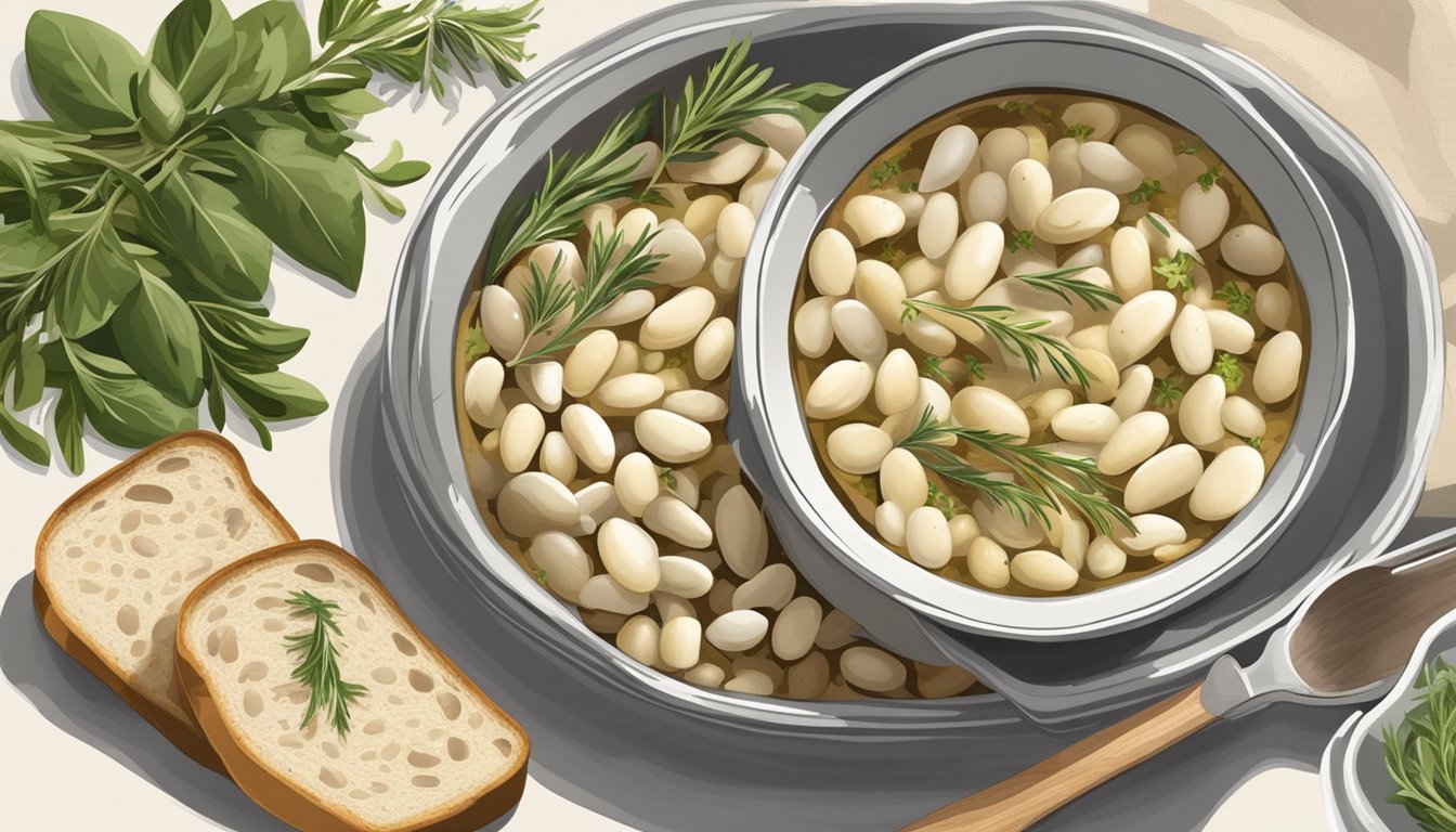 A rustic table spread with canned cannellini beans, fresh herbs, and garlic, alongside crusty bread and olive oil