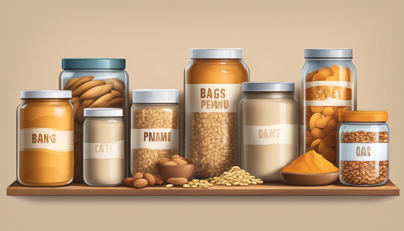 A shelf with jars of flour, oats, and peanut butter, bags of dried fruits, and cans of pumpkin and sweet potato