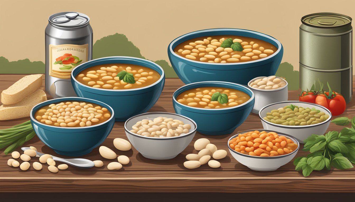 A rustic kitchen table set with bowls of classic Italian soups featuring cannellini beans, surrounded by cans of cannellini beans and fresh ingredients