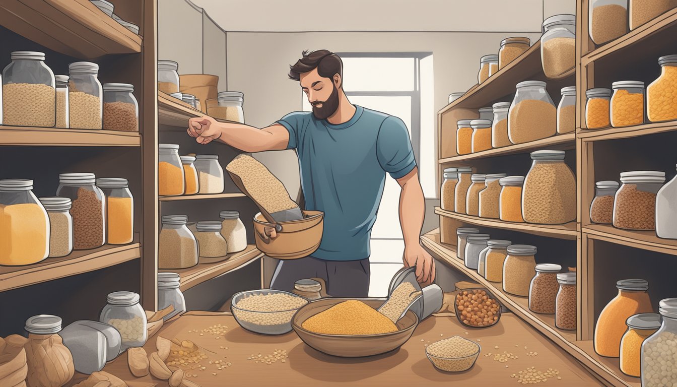 A dog owner reaching for jars of oats, flaxseeds, and sweet potatoes from a pantry shelf, surrounded by bags of whole wheat flour and dried fruits