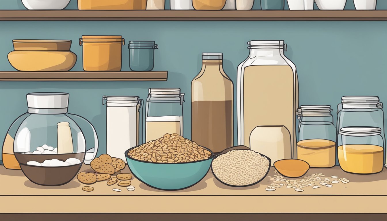 A kitchen counter with various shelf-stable ingredients like oats, peanut butter, and flour, along with dog bone-shaped cookie cutters and a mixing bowl