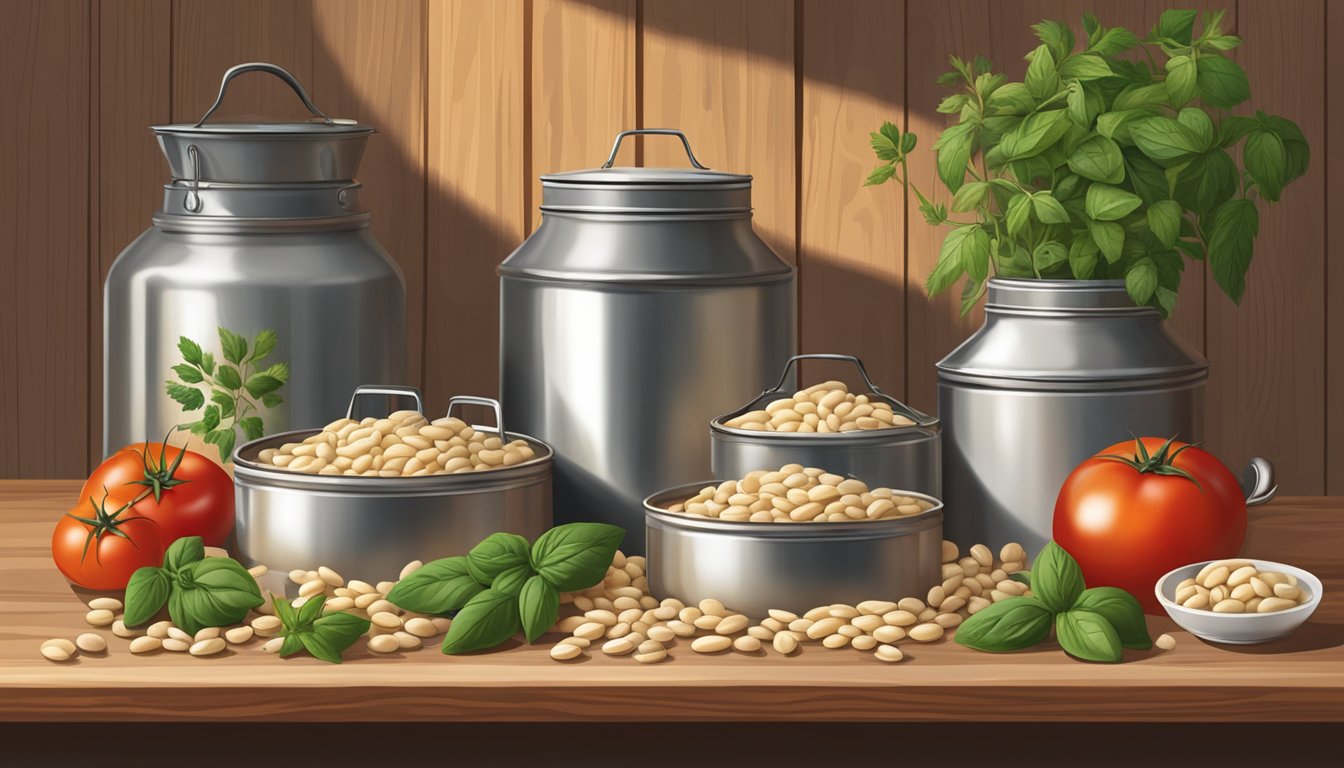 A rustic Italian kitchen with open cans of cannellini beans, fresh herbs, and tomatoes on a wooden countertop