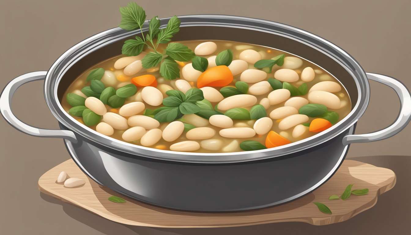 A pot of cannellini beans simmering in a flavorful broth with aromatic herbs and vegetables, ready to be served for an Italian night