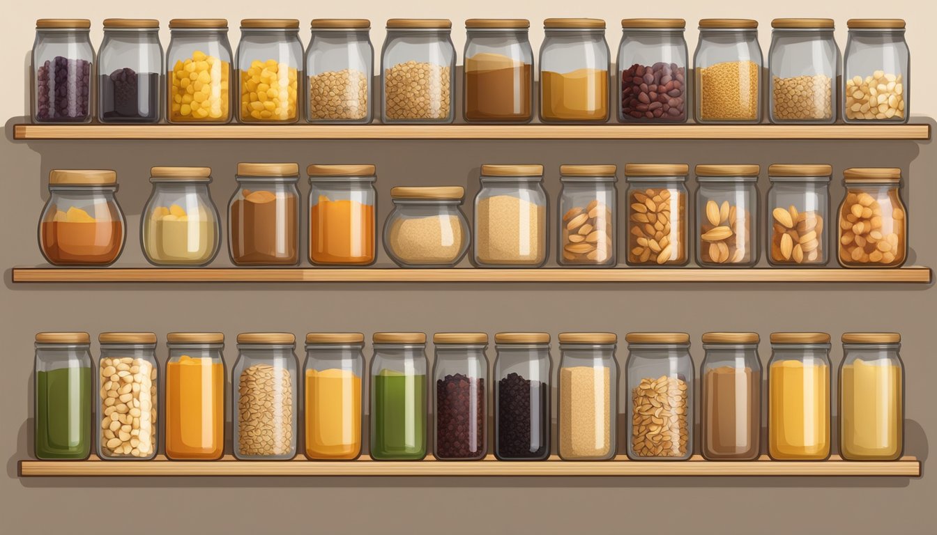 A row of glass jars filled with various shelf-stable ingredients such as oats, peanut butter, and dried fruits, neatly organized on a wooden shelf