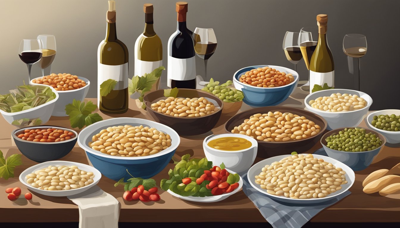 A rustic Italian table set with a variety of canned cannellini bean dishes, surrounded by bottles of red and white wine