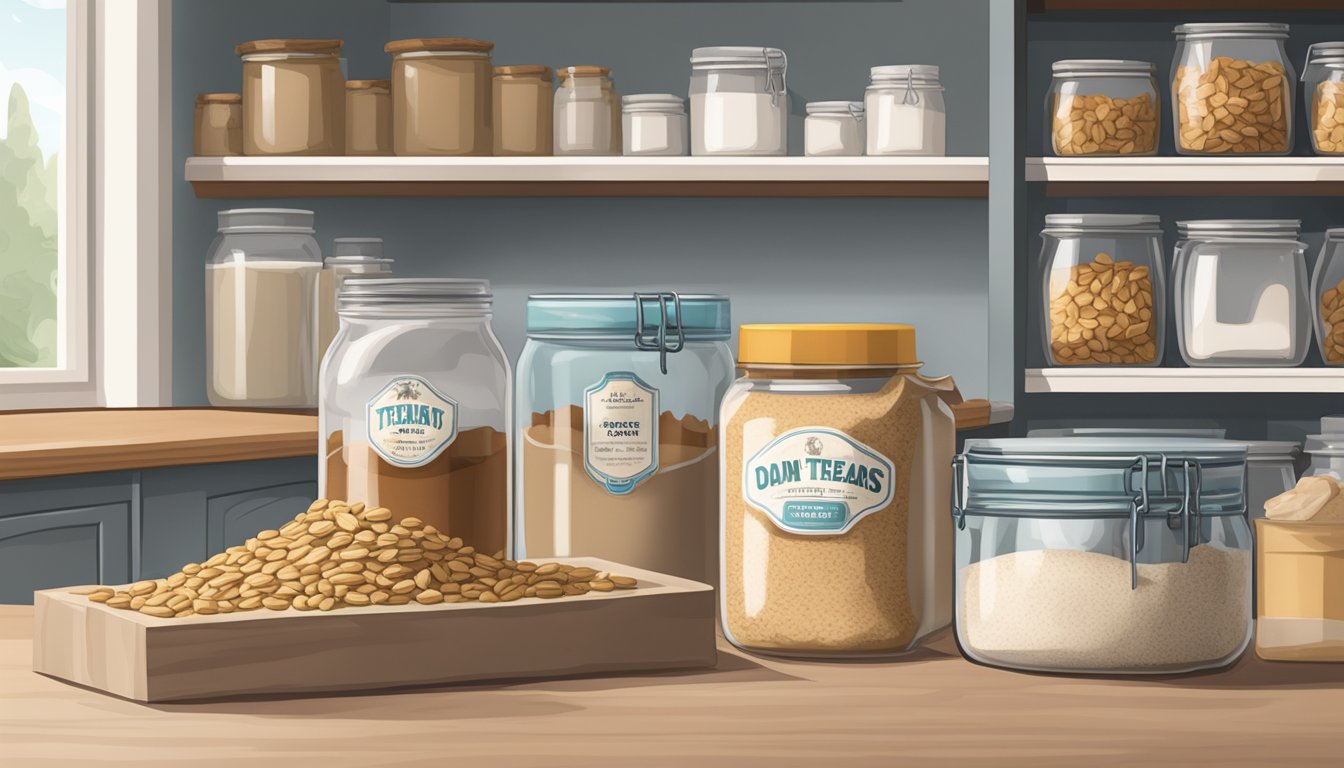 A kitchen counter with jars of flour, oats, and peanut butter next to bags of store-bought dog treats