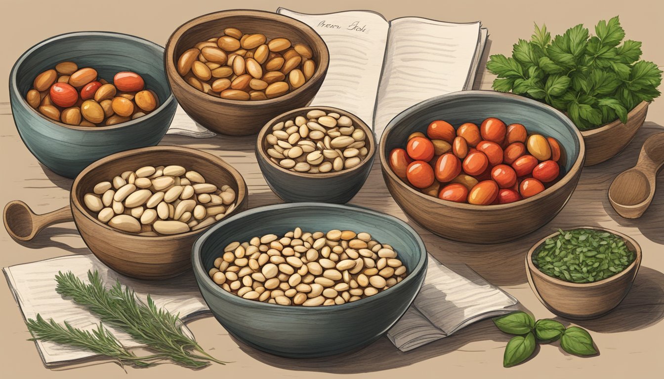 A rustic wooden table set with bowls of cannellini beans, fresh herbs, and tomatoes, alongside a handwritten menu for an Italian night feast