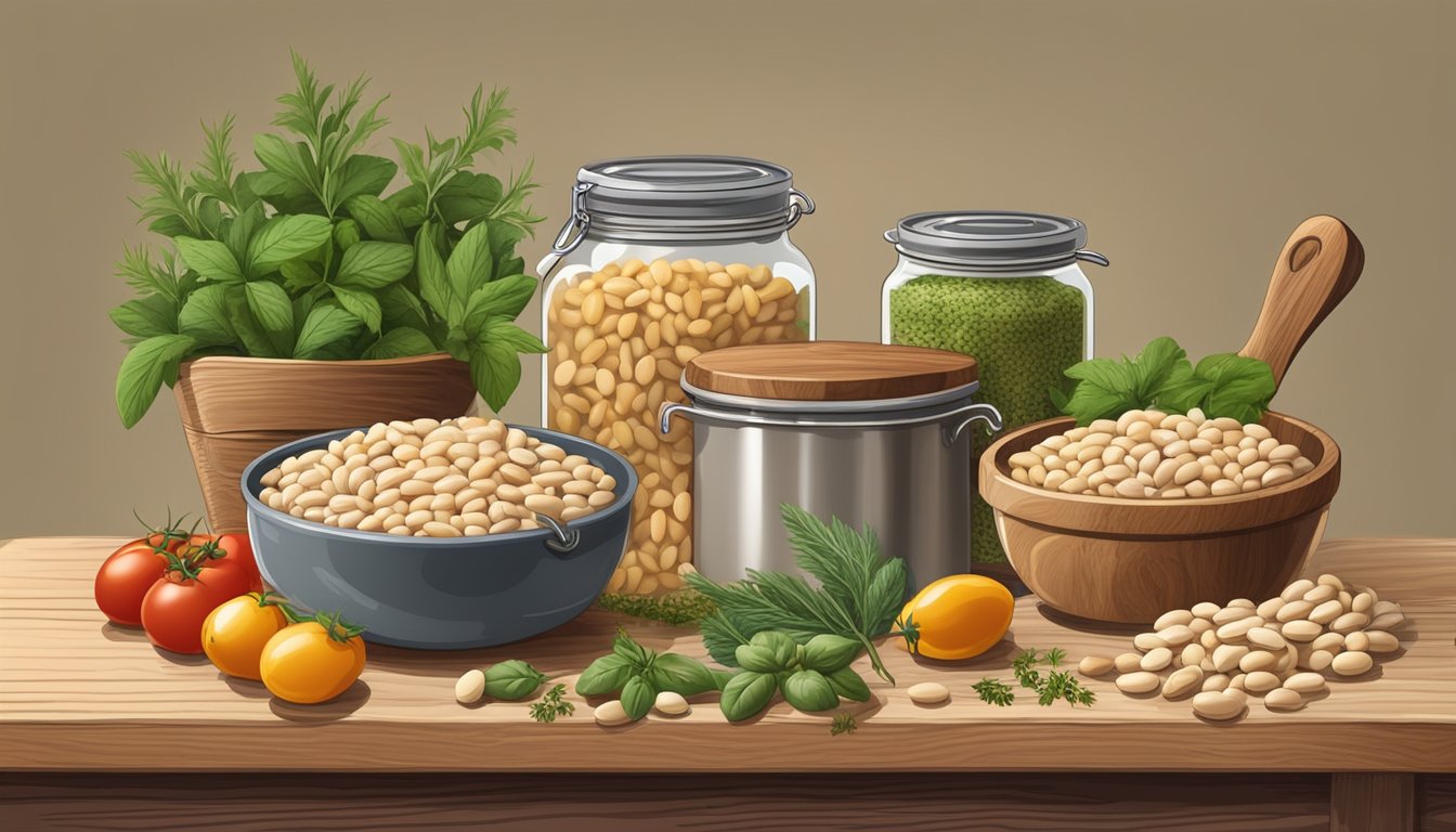 A rustic kitchen with an open can of cannellini beans, fresh herbs, and various Italian ingredients laid out on a wooden cutting board