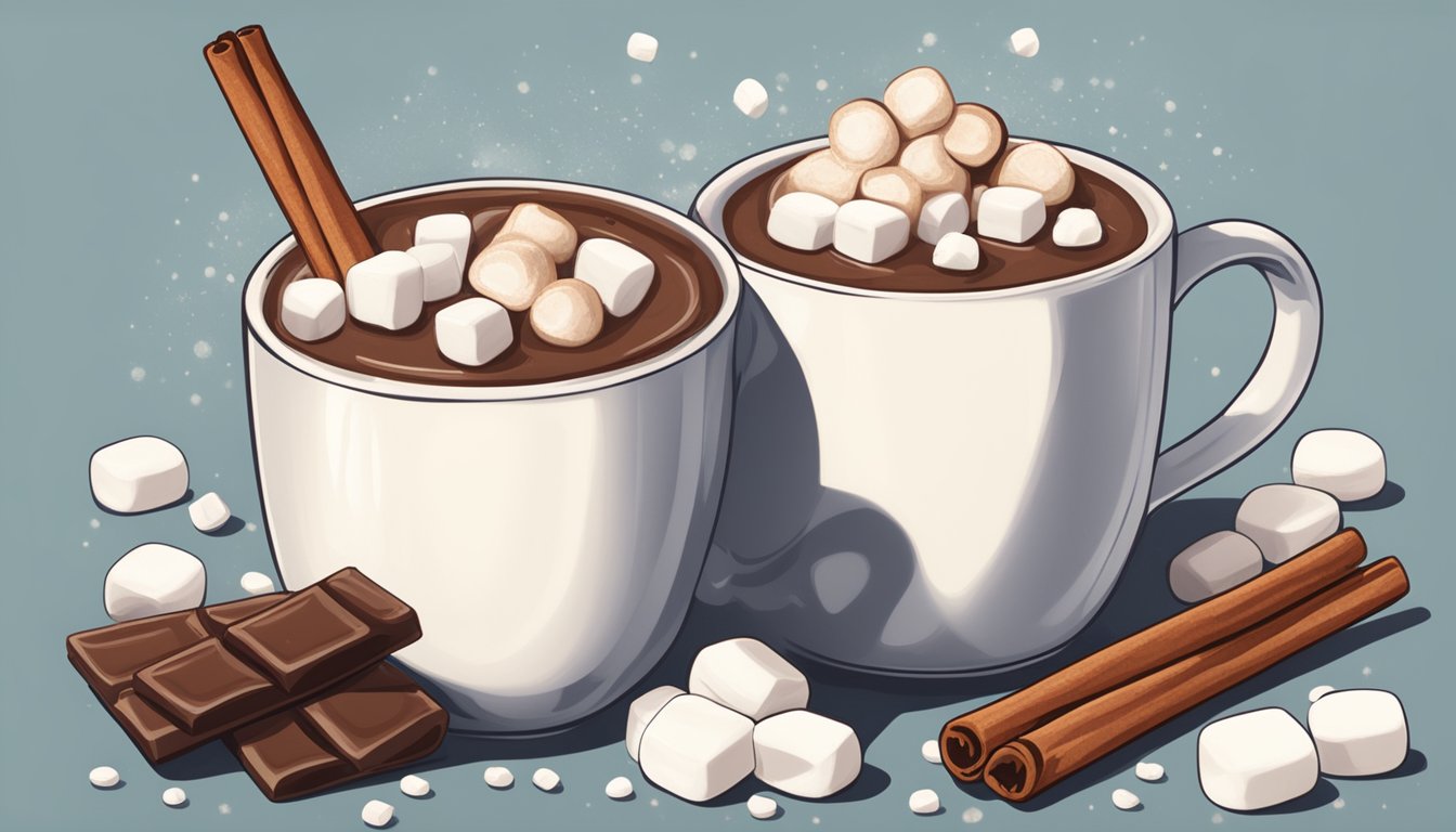 A steaming mug of hot chocolate mix ins surrounded by marshmallows and a cinnamon stick on a cozy table