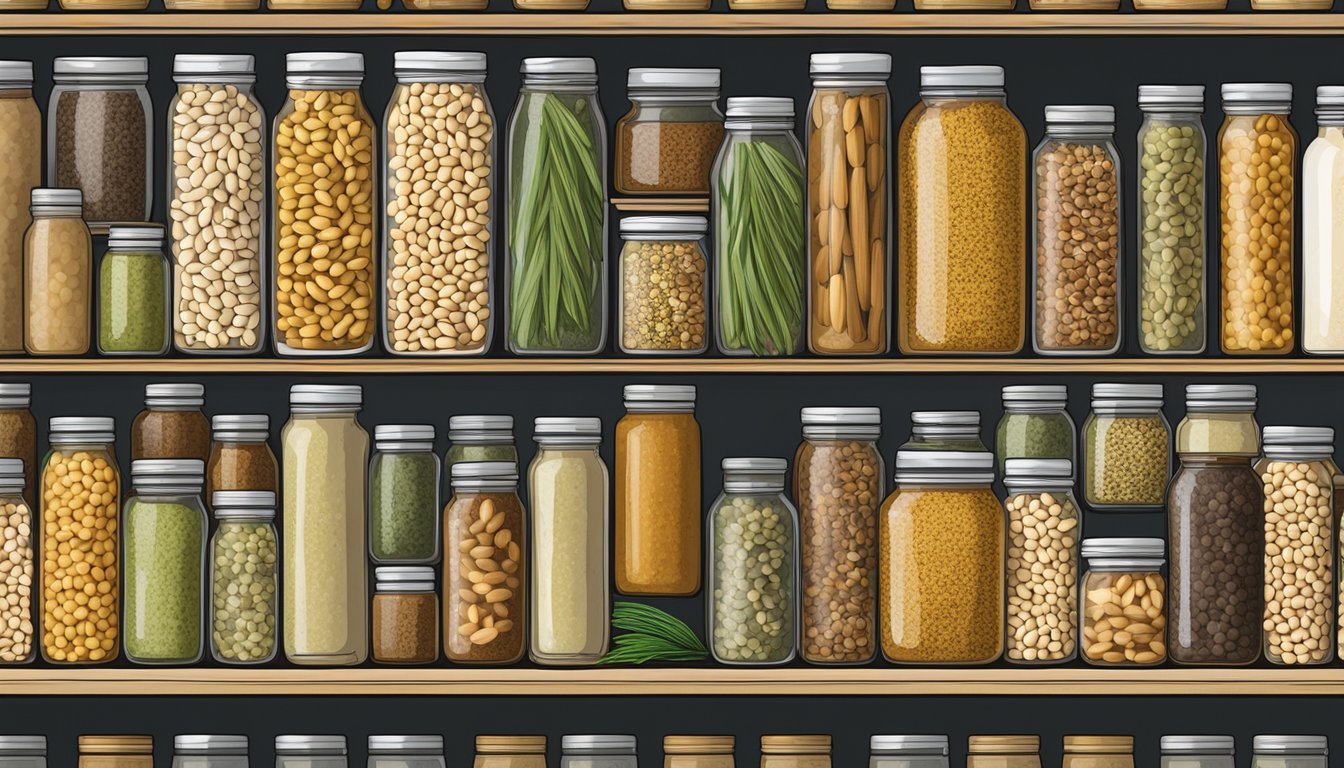 A pantry shelf with neatly organized rows of canned cannellini beans, surrounded by jars of various Italian spices and herbs