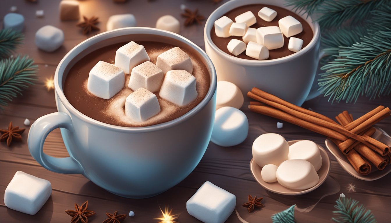 A steaming mug of hot chocolate surrounded by marshmallows, whipped cream, and a sprinkle of cinnamon on a cozy winter table