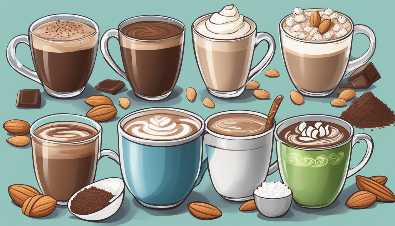 A steaming mug of hot chocolate mix-ins surrounded by various dietary considerations such as almond milk, coconut milk, and sugar-free options