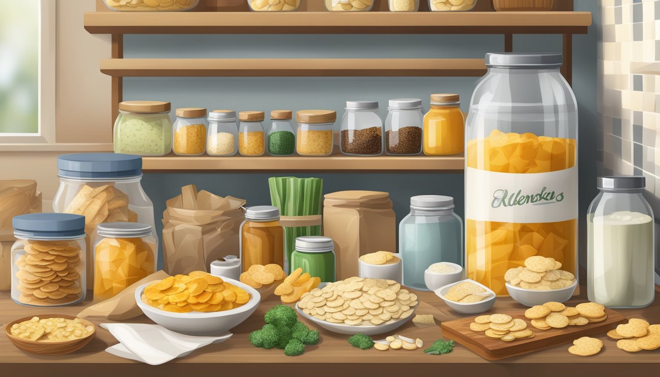 A cluttered pantry with assorted ingredients and utensils for making homemade crackers and crisps