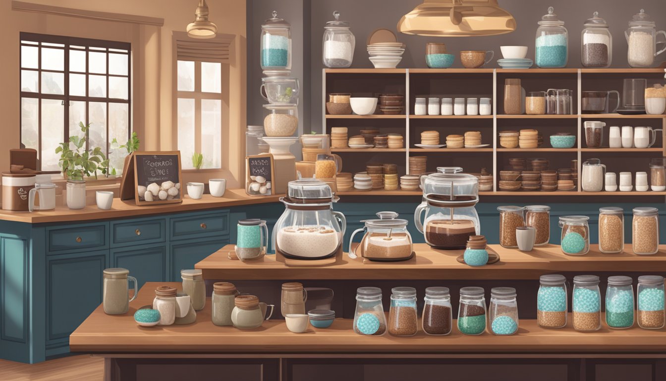 A cozy café counter with an array of specialty hot chocolate mix-ins displayed in glass jars and bowls, surrounded by steaming mugs