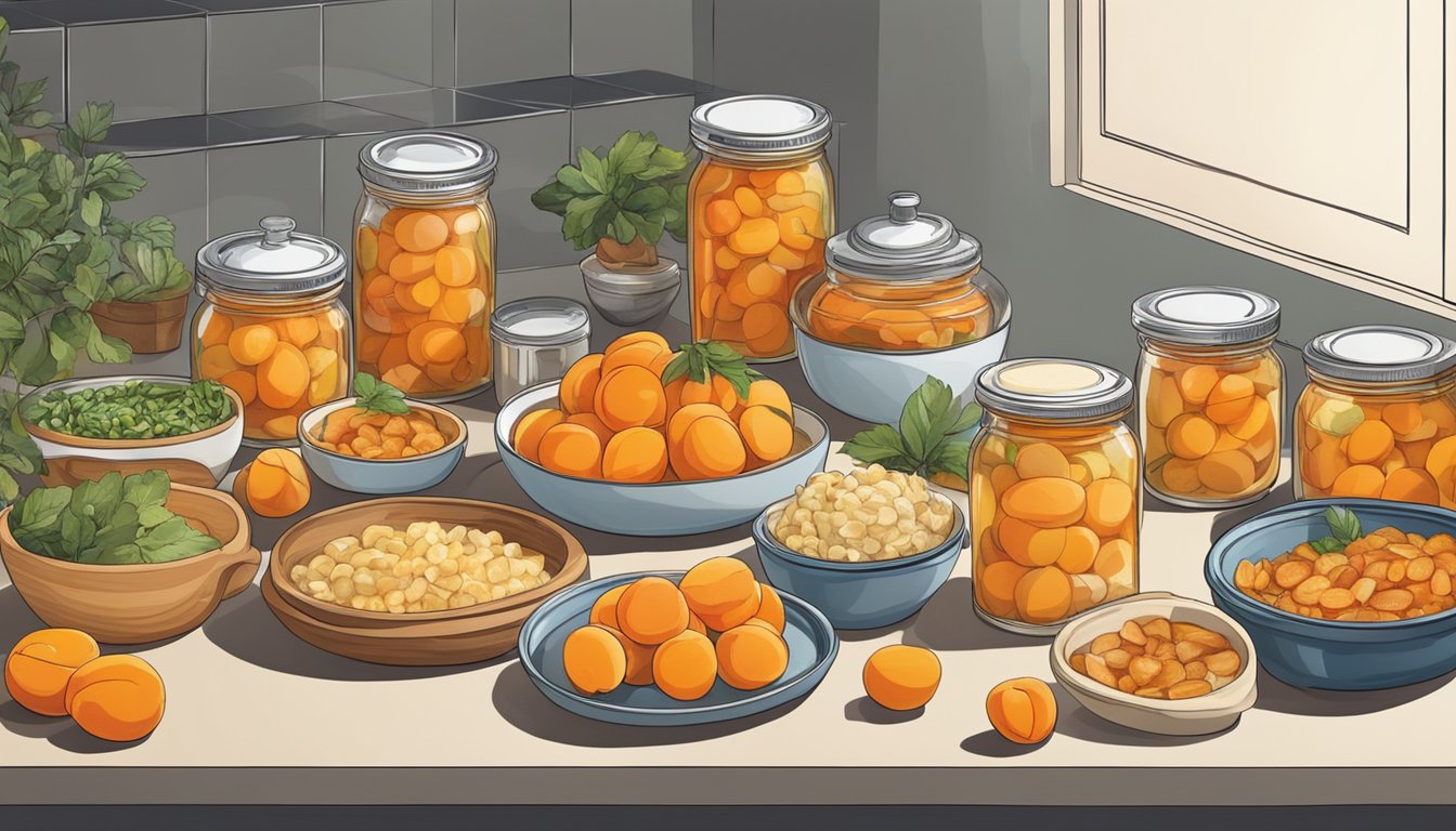 A kitchen counter with a variety of dishes showcasing the versatility of canned apricots in both sweet and savory recipes