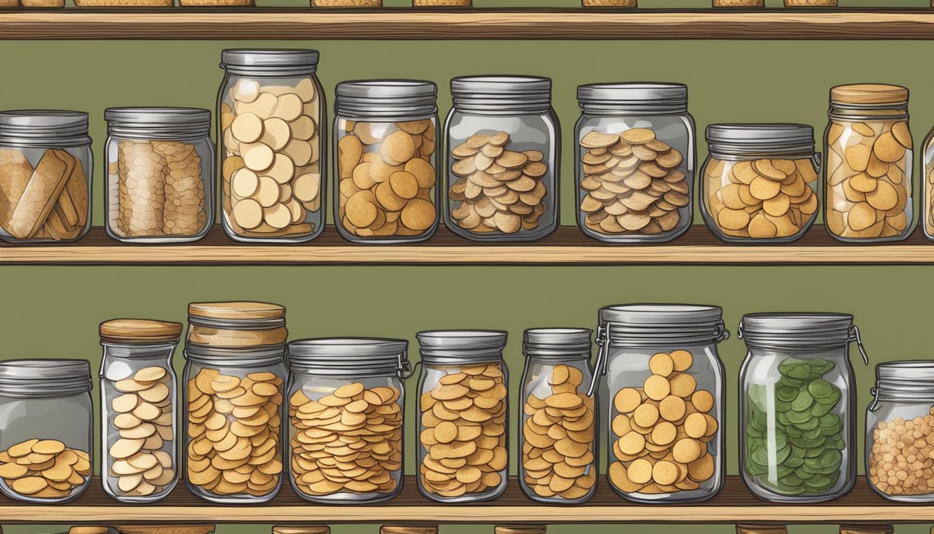 A pantry shelf filled with jars of homemade crackers and crisps, neatly organized and ready to be served