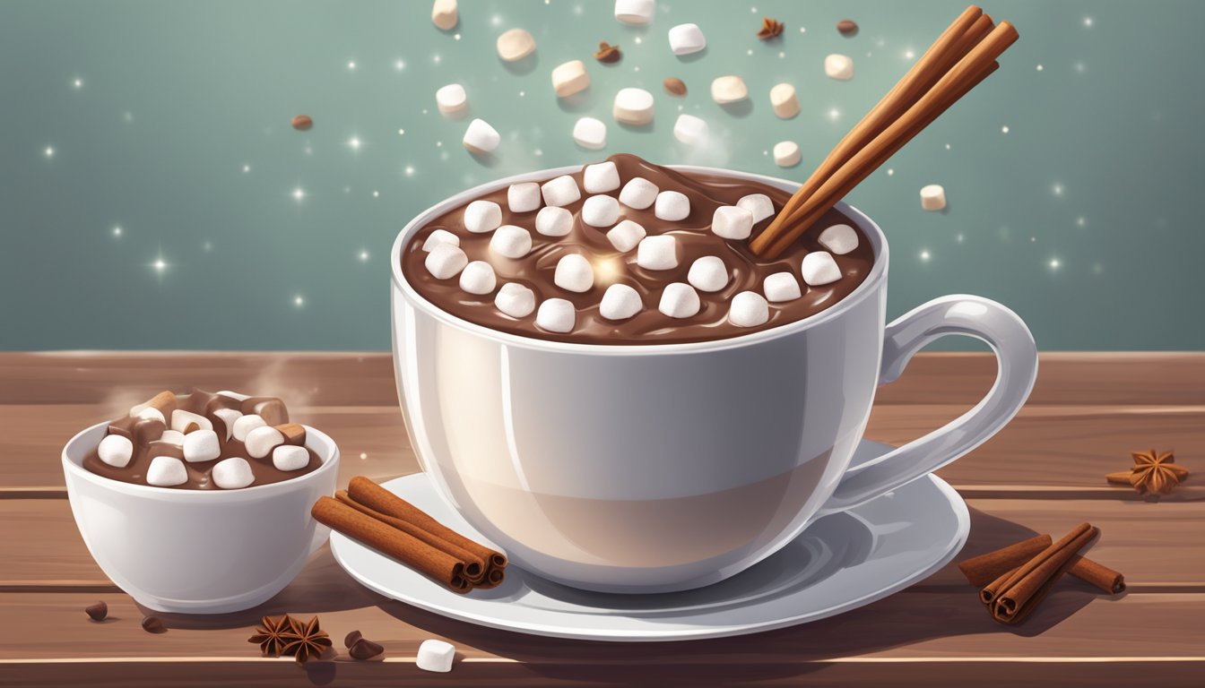 A steaming mug of hot chocolate mix being stirred with a spoon, surrounded by marshmallows and a sprinkle of cinnamon on a wooden table